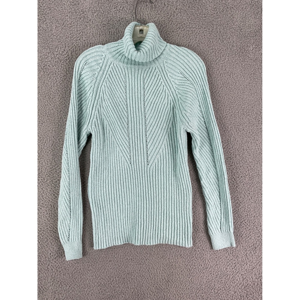 Sundance Turtleneck Sweater Womens Medium Blue Cotton Silk Ribbed Pointelle Knit